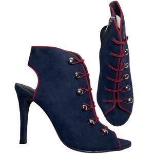 Limelight Sonya Booties Heels Shoes US 7 Blue Red Trim Loops Fabric Peep Toe